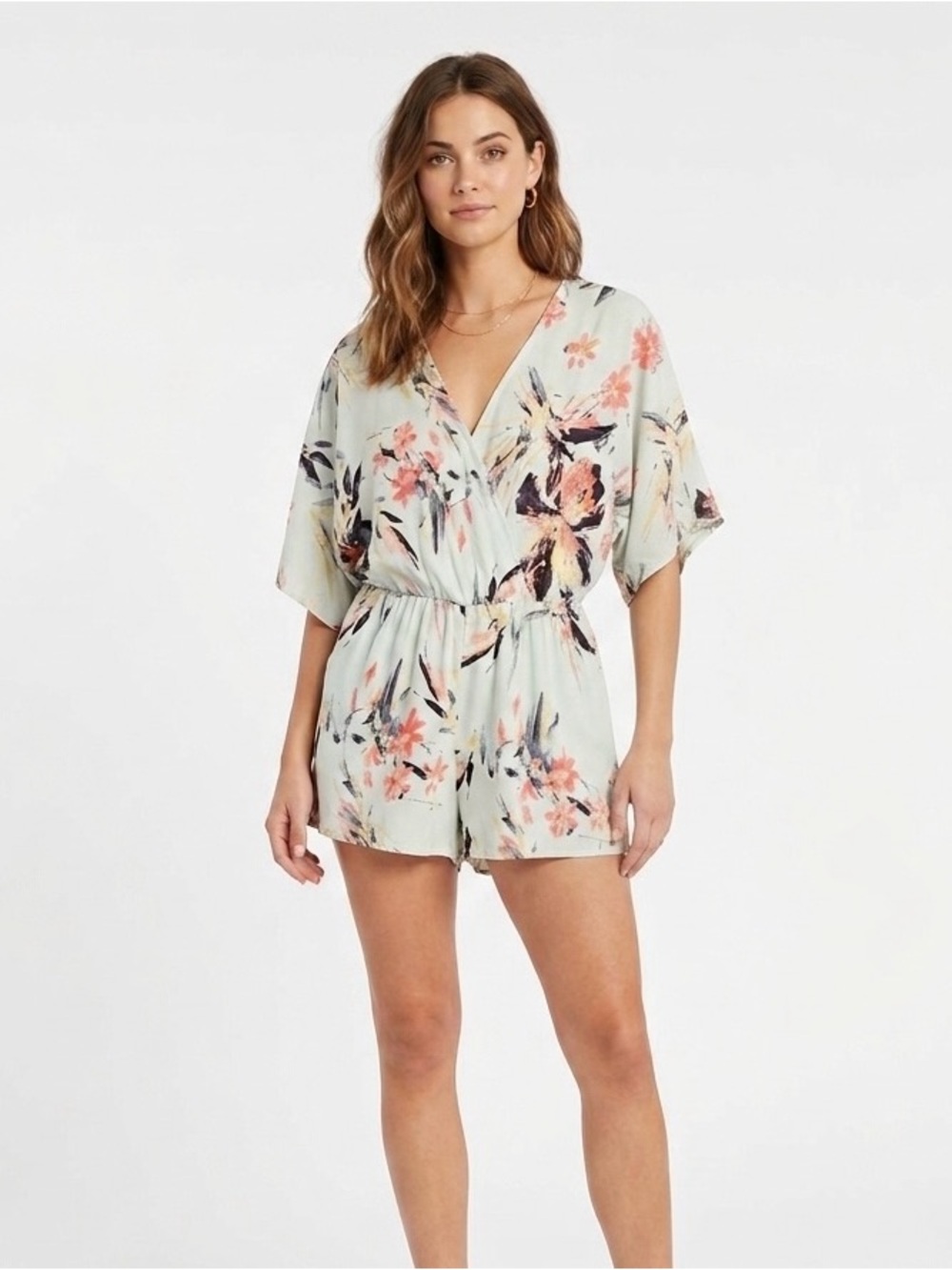 Lulu's Mint Floral Short Sleeve Romper with Coral & Navy Accents